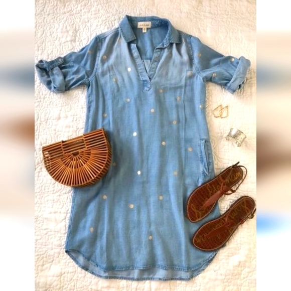 cloth & stone Dresses & Skirts - Anthropologie Cloth & Stone Gold-Dotted Chambray Dress